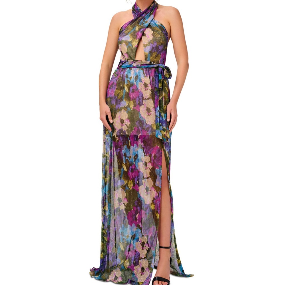 Floral print crinkled halter gown